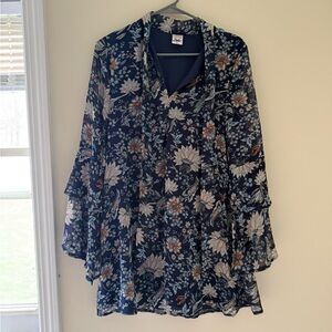 Navy Floral Chiffon Blouse with Tie Neck